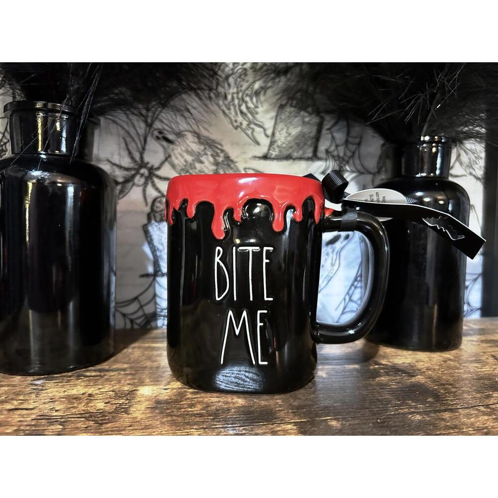 Rae Dunn Black Vampire Mug with Red Drip Design 'Bite Me'